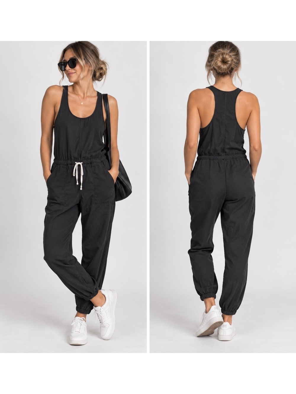 TNA Aritzia Black Lyocell Racerback Utility Jumpsuit Drawstring Size M
